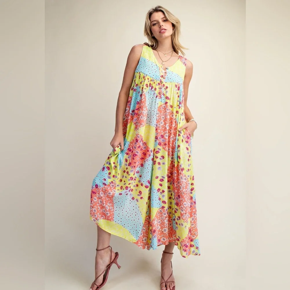 #91 easel Yellow, Blue & Coral Patchwork Floral Maxi Jumpsuit - Picture 2 of 3
